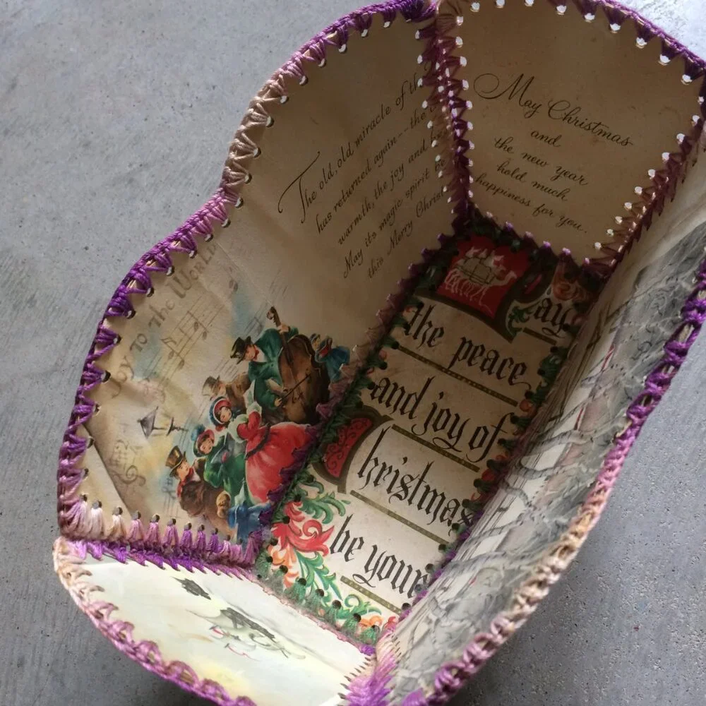 VINTAGE GREETING CARD Basket Bowl Handmade CROCHETED STITCHED